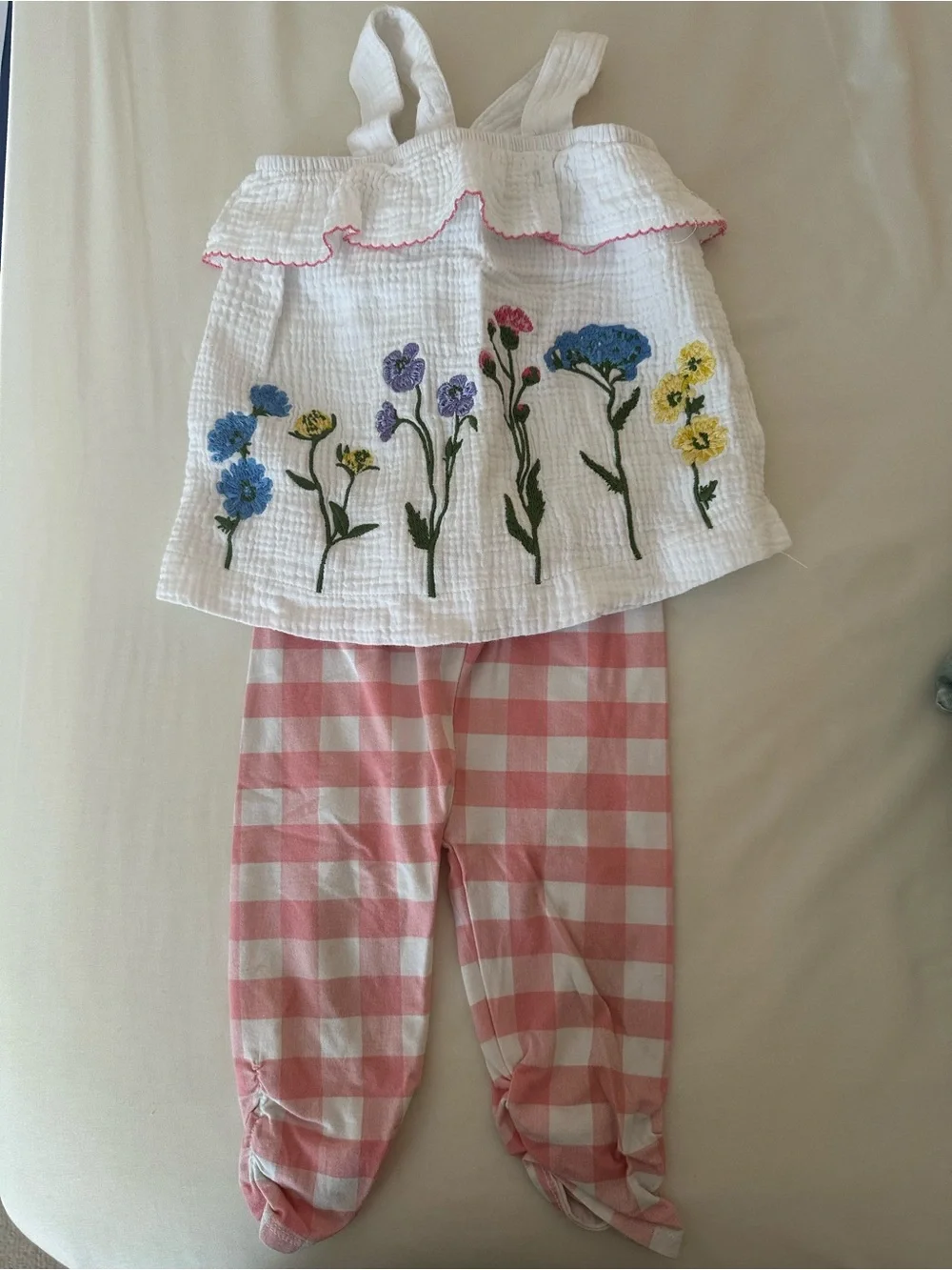 Mud Pie White Floral Embroidered Top with Pink Gingham Pants